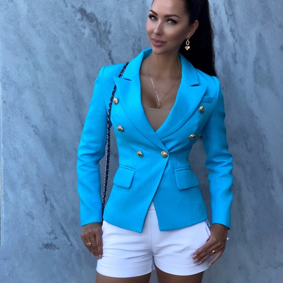 Turquoise Double-Breasted Blazer Gold Tone Buttons - Picture 9 of 14